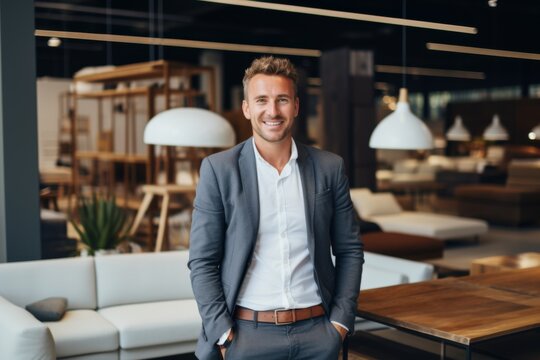 Smiling portrait of a young male sales person in furniture store