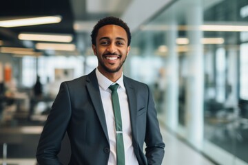 Fototapeta premium Smiling portrait of a young African American businessman in office