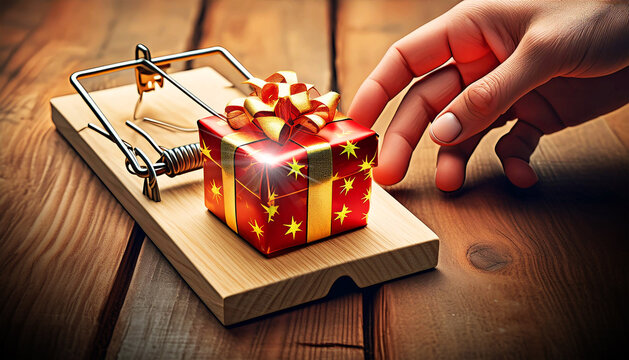 Extreme close-up of a male hand trying to take a gift package from a mousetrap on a wooden floor. Generative Ai.