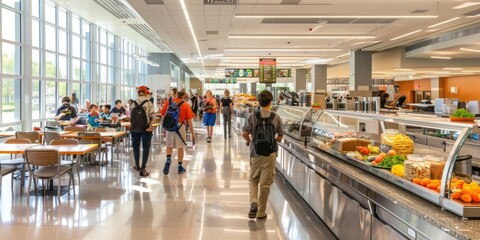 Vibrant university cafeteria featuring an array of diverse food stations for students AIG59