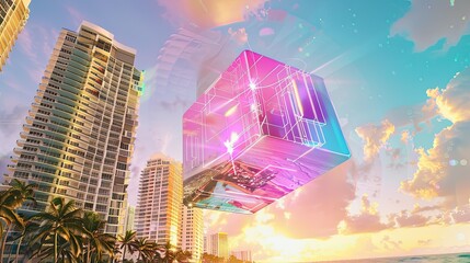 photorealistic NFT vip card floating in miami urban environment near the beach with a rainbow glow.