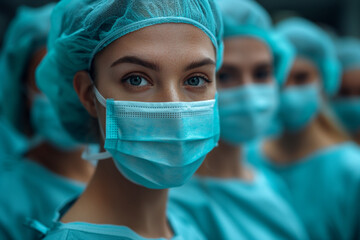 Portrait of surgical team wearing masks, doctor and nurses in a row