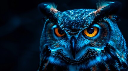 Closeup of a Great Horned Owl with Glowing Eyes - Powered by Adobe