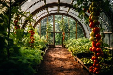 Interior of a greenhouse with fresh fruits and vegetables