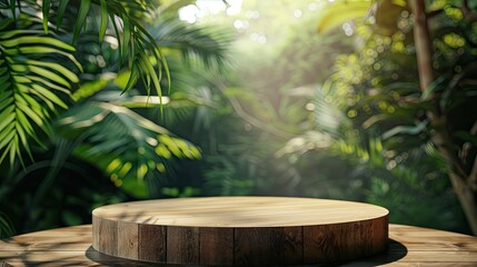 Tabletop podium made of wood in an outdoor tropical forest, with a blurred leafy backdrop