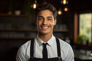 Smiling portrait of a young waiter in the restaurant