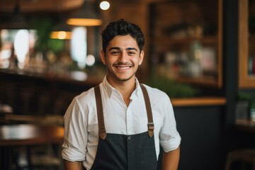 Smiling portrait of a young waiter in the restaurant