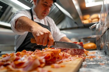 Chef Slicing Cured Meat in Professional Kitchen