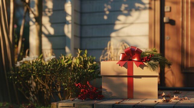 Elegant delivery service from a gift shop, showcasing luxury online shopping with a parcel box adorned with a bow on a doorstep in the countryside.