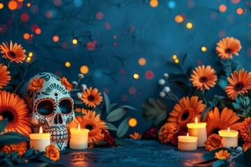 Day of the Dead Altar with Marigolds and Sugar Skull