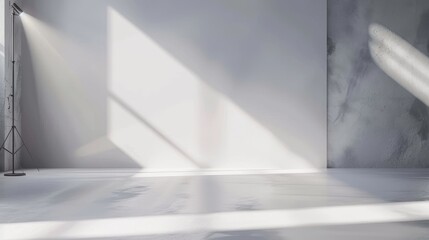 Studio room background with soft white and gray color backdrop, grey floor and spotlight lighting.