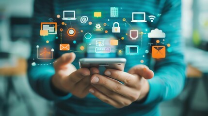 Obraz premium Person holding a smartphone with multiple app icons and digital communication symbols hovering above, representing technology and connectivity.