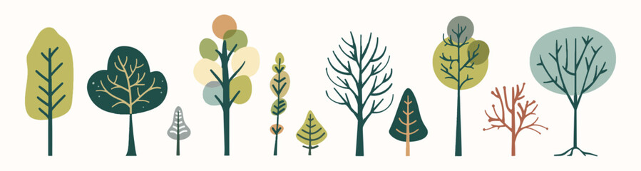 Tree collection hand drawn flat design element. botanical set of bare trees and ones with leaves and lush limited pastel color © lukulo