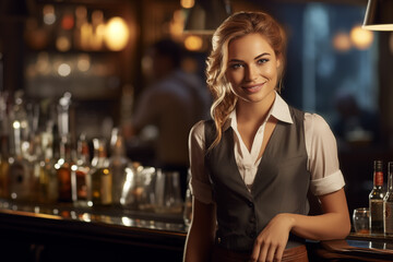 Friendly Female Bartender Smiling in a Cozy Bar Setting. Generative AI