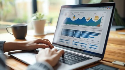 Person analyzing business analytics on a laptop in a modern office setting, highlighting data charts and progress metrics.