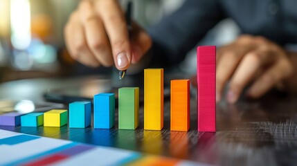 a person analyzing a colorful bar chart on a table. Concept of growth, business analysis, and financial performance.