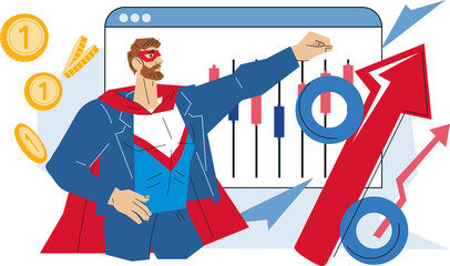 Superhero businessman with growing charts. Successful ambitious businessman for motivation to achieve goal, career growth, challenge concept.