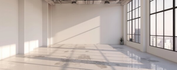 Obraz premium A spacious, modern office with large windows and sleek furniture. The clean design and abundant natural light create a productive and inviting workspace.