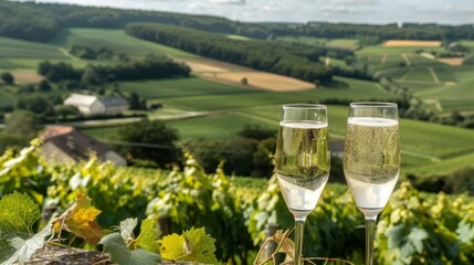 Sparkling brut and demisec white champagne tasted in exclusive flute glasses against a backdrop of Champagne vineyards near Cramant, France.