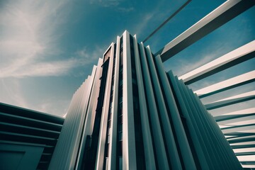 The image is of a tall, white building with a geometric pattern on its facade. The sky is blue and cloudy, and the building is surrounded by a structure of white beams.

