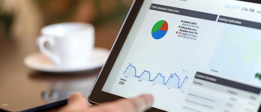 Person analyzing business metrics on a tablet with graphs and charts, coffee cup in background, focus on screen, showing data trends.