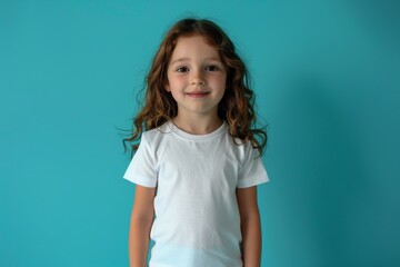 Fototapeta premium Portrait of a little cute girl on turquoise background