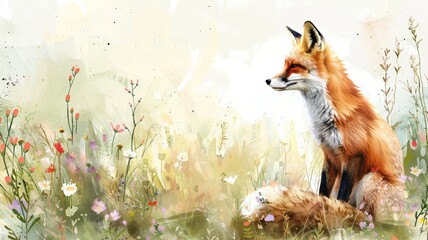 Obraz premium Watercolor Illustration of a Fox in a Field of Wildflowers. Soft Colors and an Ethereal Background Create a Peaceful Scene.