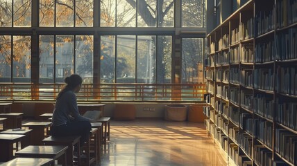 Focused student is deeply engaged in studying at the library, surrounded by a plethora of books AIG58