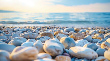 Beach made of stones with a backdrop of a clear sky and ocean