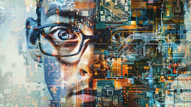 The image shows a human face and a circuit board. The image is about technology and humanity.