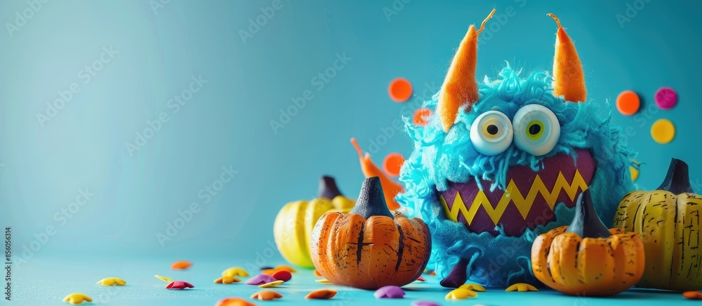 Poster halloween craft. handmade decoration cute funny monster. drawing handmade toys. reuse concept. copy 