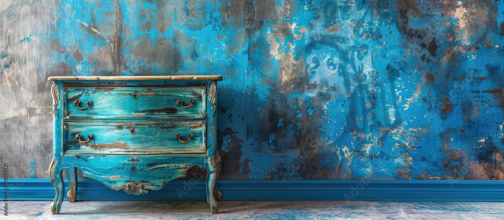 Poster blue painted furniture after renovation has second life. with copy space image. place for adding tex