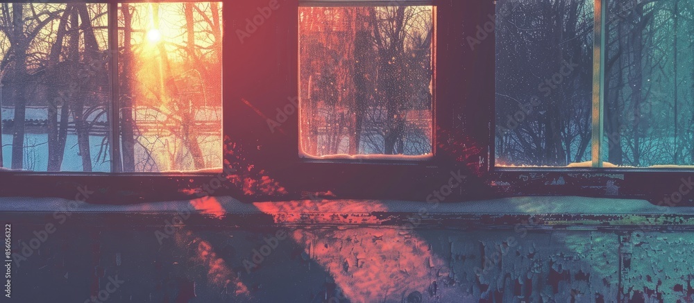Poster Halftone with lines of winter sunset through a windows. with copy space image. Place for adding text or design