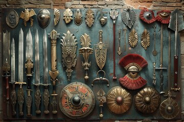 Journey back in time with a glimpse of the Roman Empire military arsenal showcasing a diverse array...