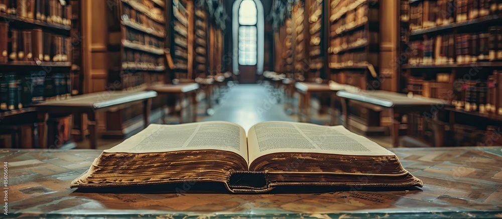 Aufkleber book in library with old open textbook, stack piles of literature text archive on reading desk, and 