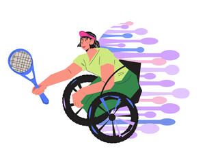 Wheelchair sport logo or design element, flat vector illustration isolated on white. A person with disabilities or limited mobility playing wheelchair tennis.