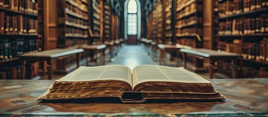Book in library with old open textbook, stack piles of literature text archive on reading desk, and aisle of bookshelves in school study class room background for academic education learning concept