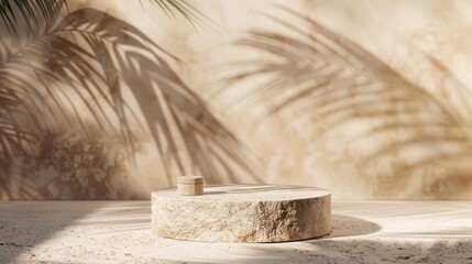 Sandstone podium with palm shadow backdrop for luxury product displays in a minimalist aesthetic.