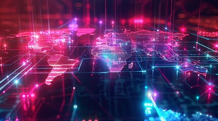 Obraz premium Futuristic abstract map of continents, symbolizing globalization and geopolitics in the hightech world, featuring 3D illustrations of communications and data exchange within a virtual network