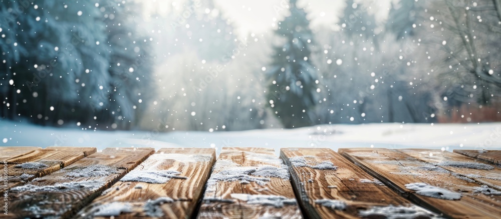 Poster A huge wooden table outside in the snow. with copy space image. Place for adding text or design