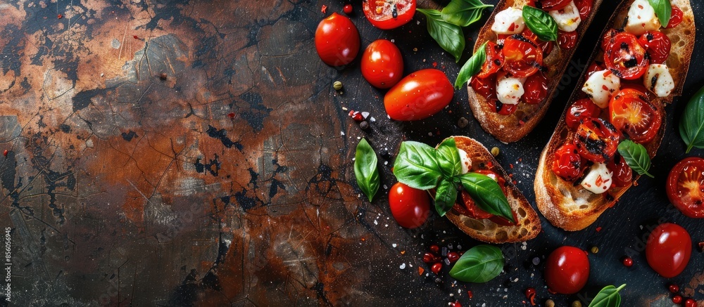 Aufkleber bruschetta with roasted tomatoes, mozzarella cheese, garlic and basil. copy space image. place for a