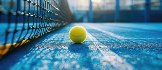 Yellow ball on floor behind paddle net in blue court outdoors. Padel tennis is a racquet game. Professional sport concept. with copy space image. Place for adding text or design
