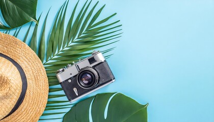 Creative summer background with camera, hat, sunglasses, tropical plants and leaves