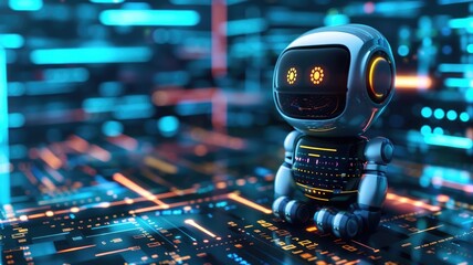 Isometric futuristic robot on a digital circuit board. Digital artwork. AIG53F.