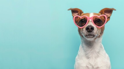 Cute happy funny dog with sunglasses with plain background.