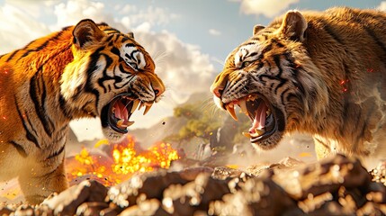 Two tigers fiercely confront each other, roaring in a dramatic desert landscape with flames in the background, capturing wild animal aggression. © weerasak