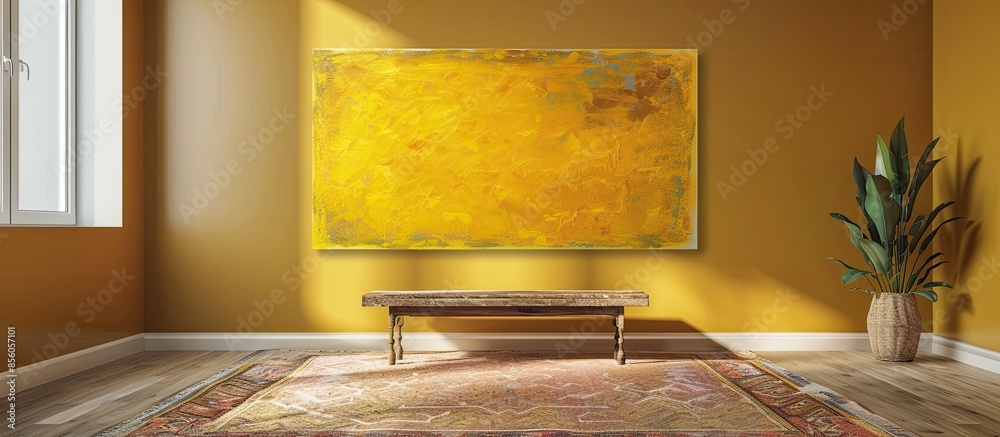 Poster Yellow oil painting hanging over a wooden table standing on a large carpet in a flat interior. with copy space image. Place for adding text or design