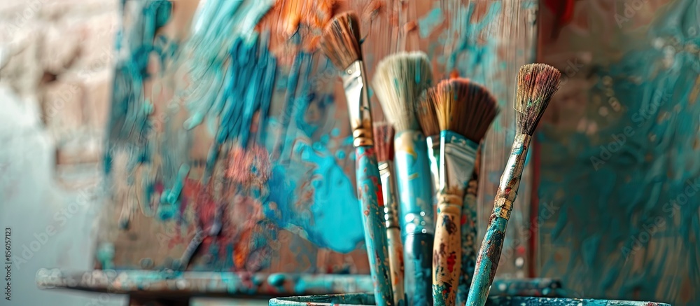 Poster house renovation tools. old used brushes and blue paint in paint tray. with copy space image. place 