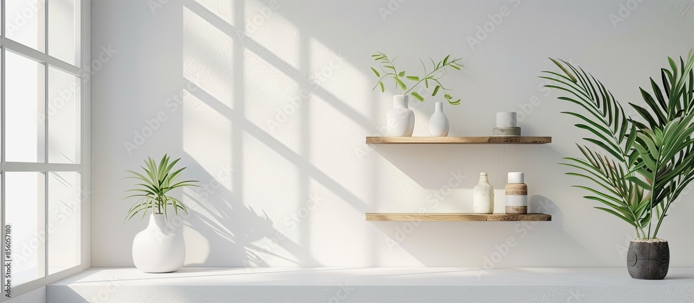 Poster Shelf with stylish decor on white wall. with copy space image. Place for adding text or design