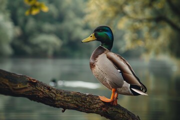 Obraz premium Mallard Duck on Branch by Lake